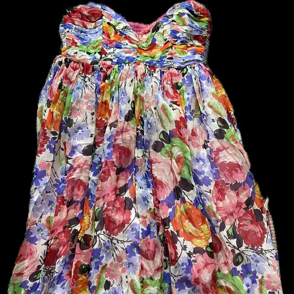 Betsey Johnson Vintage Silk Floral Strapless Dress Size 4 Made in USA Whimsical - Picture 1 of 8